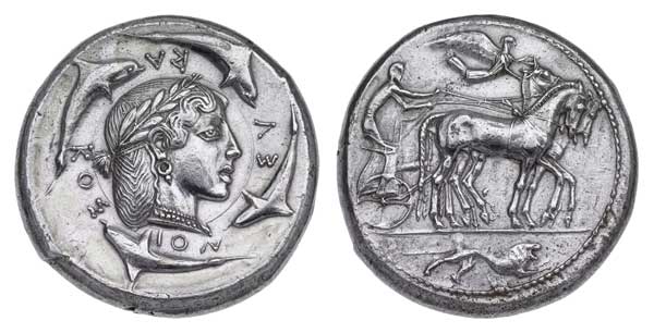 top billing goes to the Dekadrachm (Demareteion) of Syracuse with quadriga, about 465 BC. This is the most famous coin in the room.